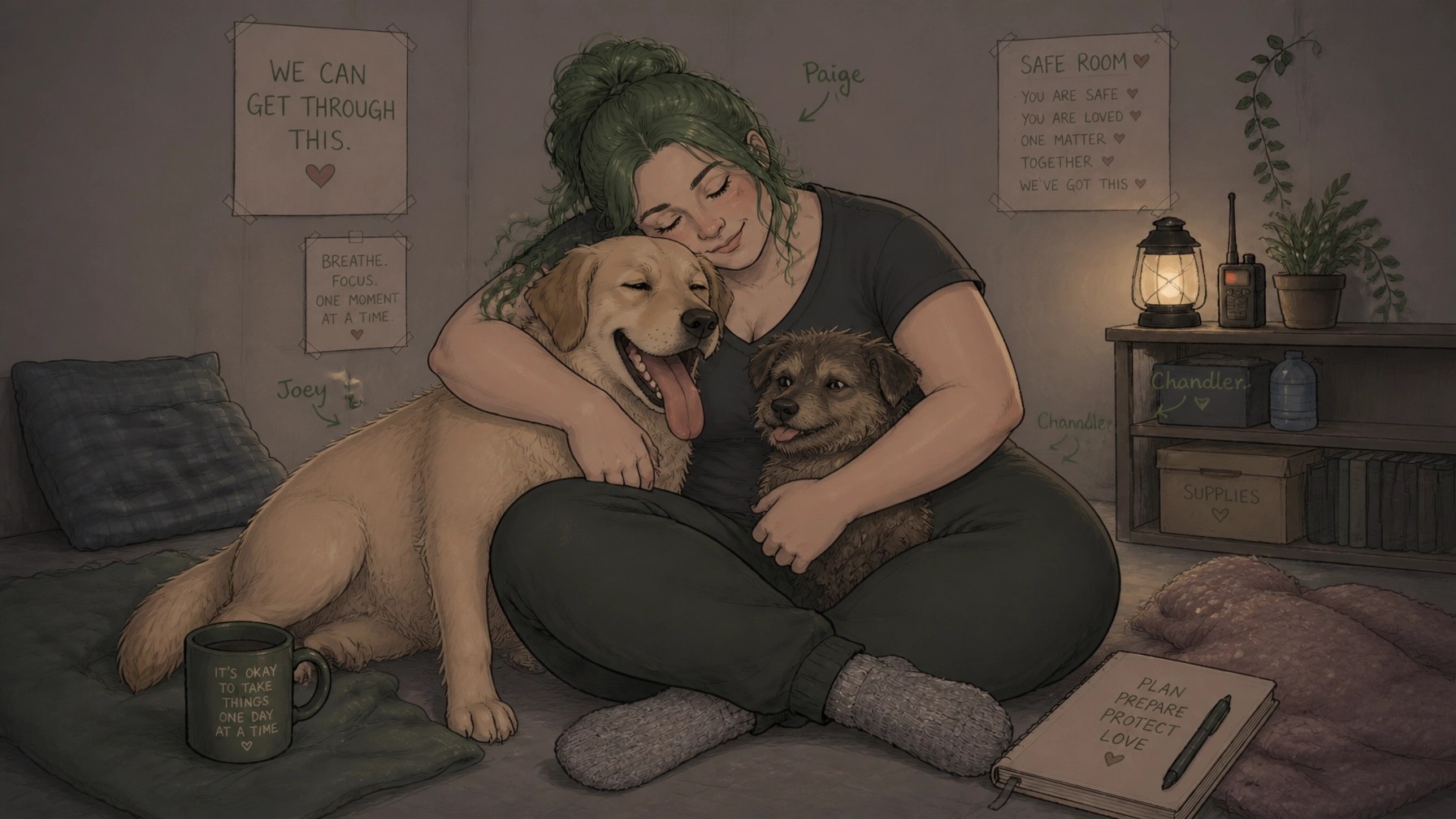 Paige hugging Joey and Chandler in a safe, dimly lit room.