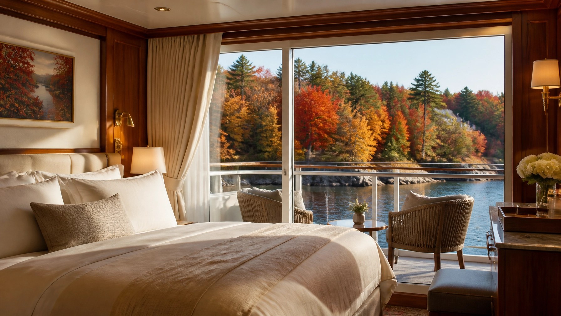 Refined cruise balcony stateroom with warm cream bedding and peak autumn coastline beyond the glass doors