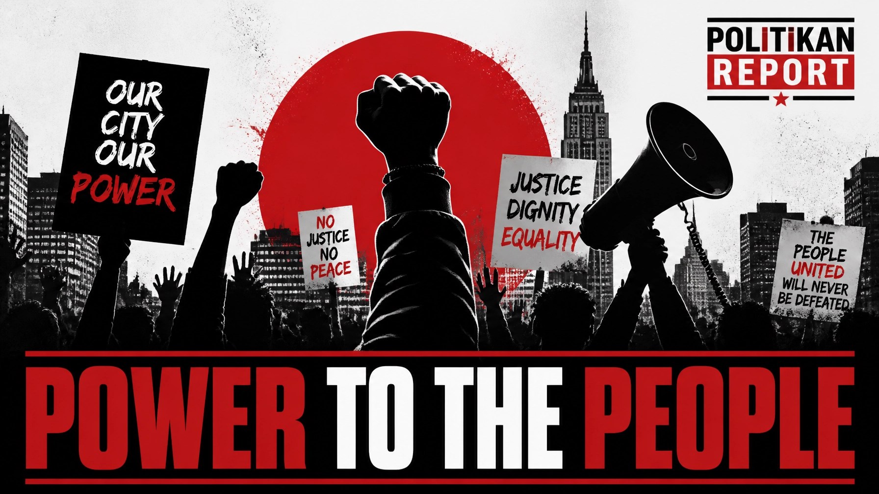 A gritty black, white, and red editorial image representing urban political power with the text POWER TO THE PEOPLE.