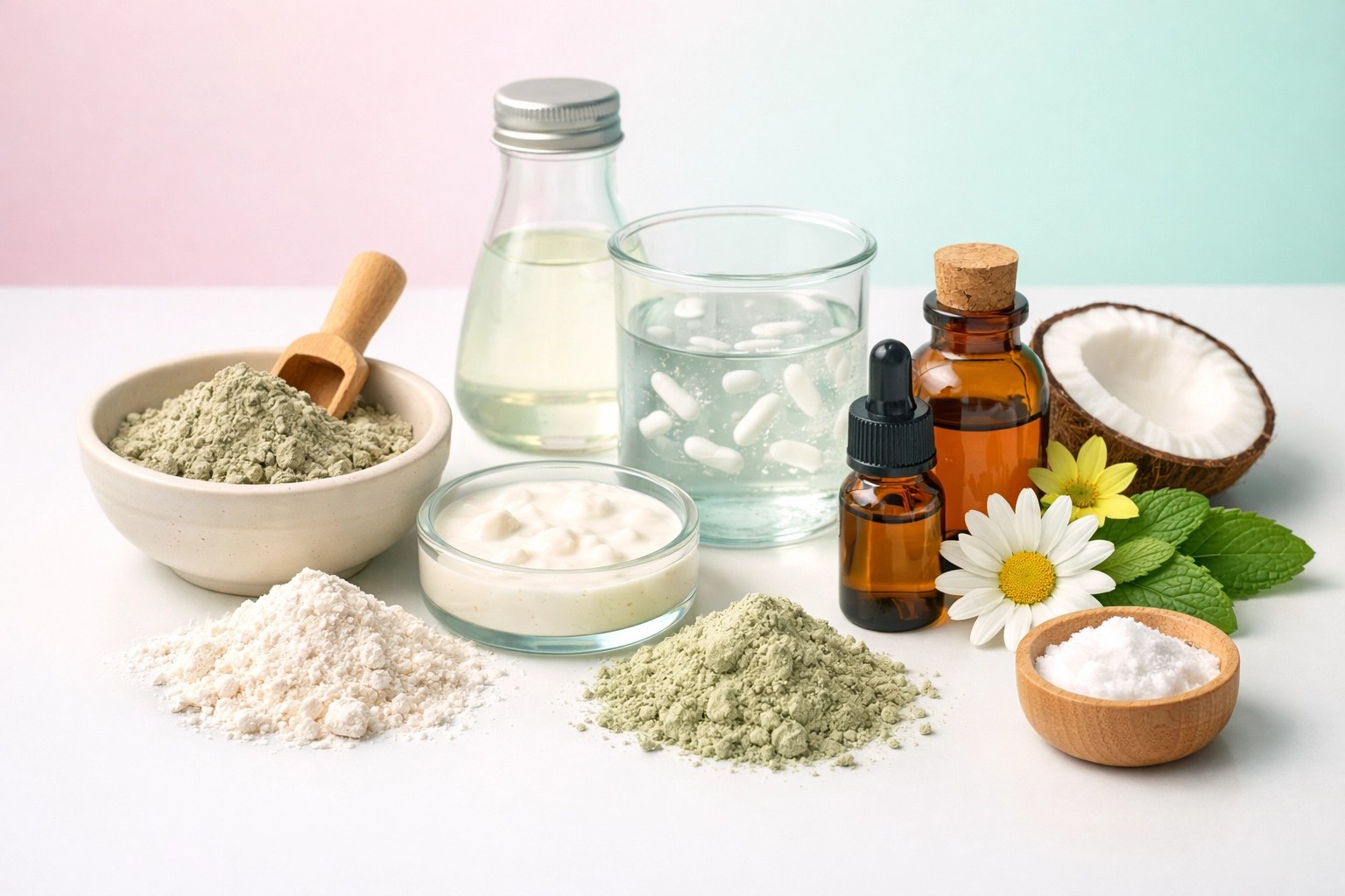 Natural deodorant ingredients including clay, probiotics, essential oils, and plant-based powders