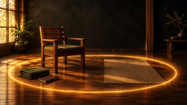 A quiet room arranged for seated and standing qigong with a warm-gold circle of light