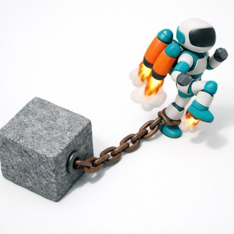 A jetpack robot tethered to a heavy stone block, representing the burden of annual AI software contracts.