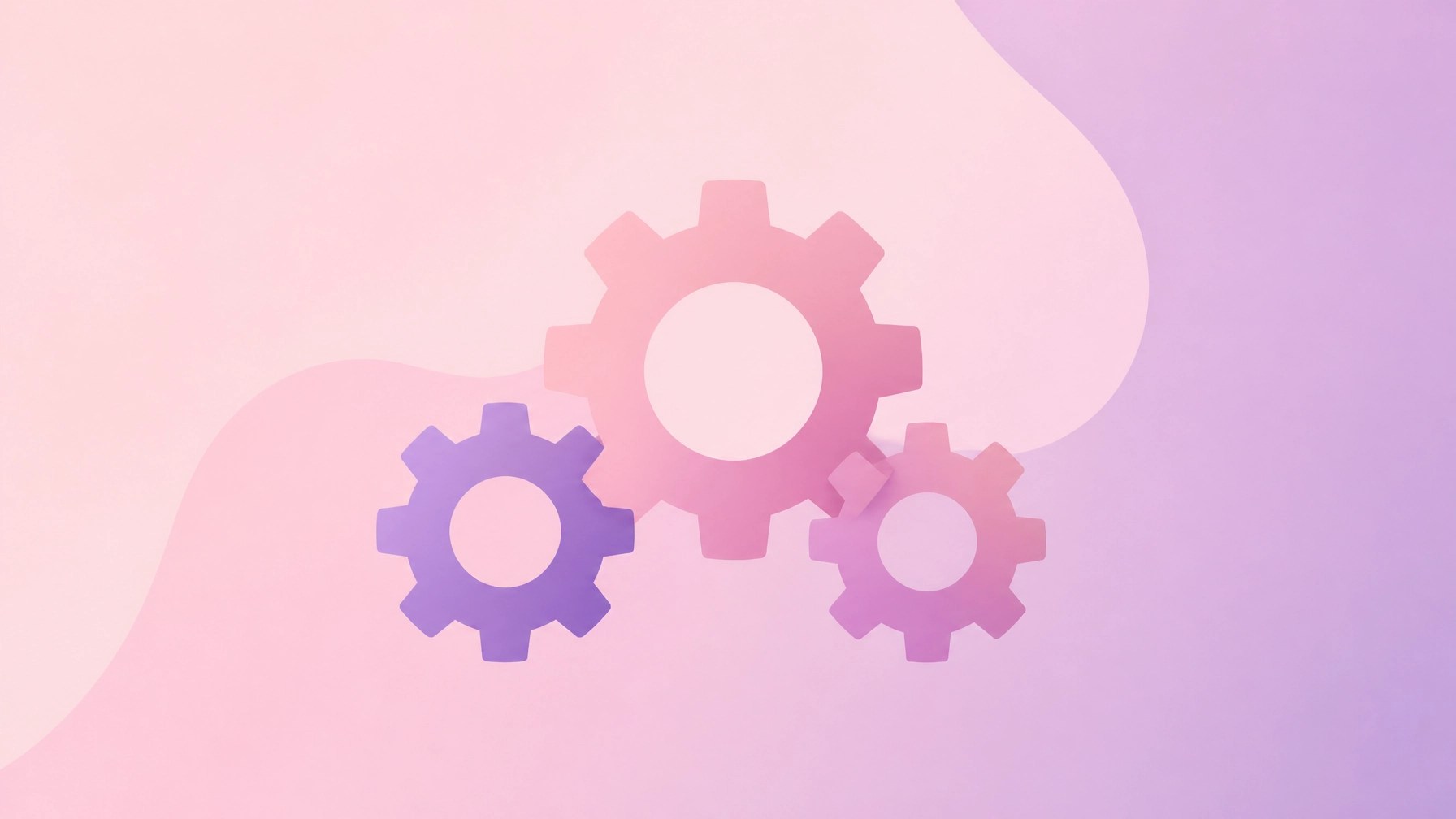 A minimalist pink and purple illustration of simple interlocking gears with lots of clean space.