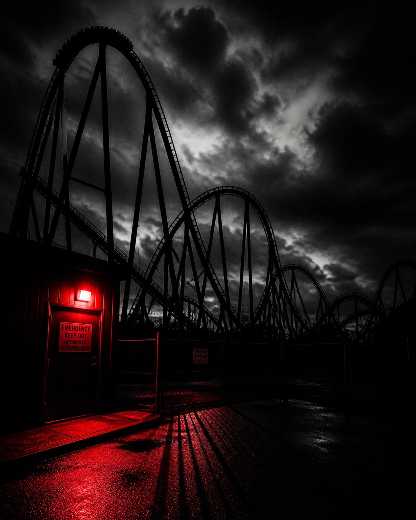 Silhouette of a roller coaster with a red emergency light highlighting theme park safety and closures.
