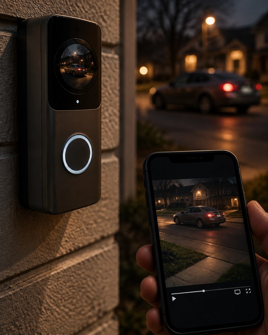 Doorbell security camera capturing a vehicle on a residential street at dusk