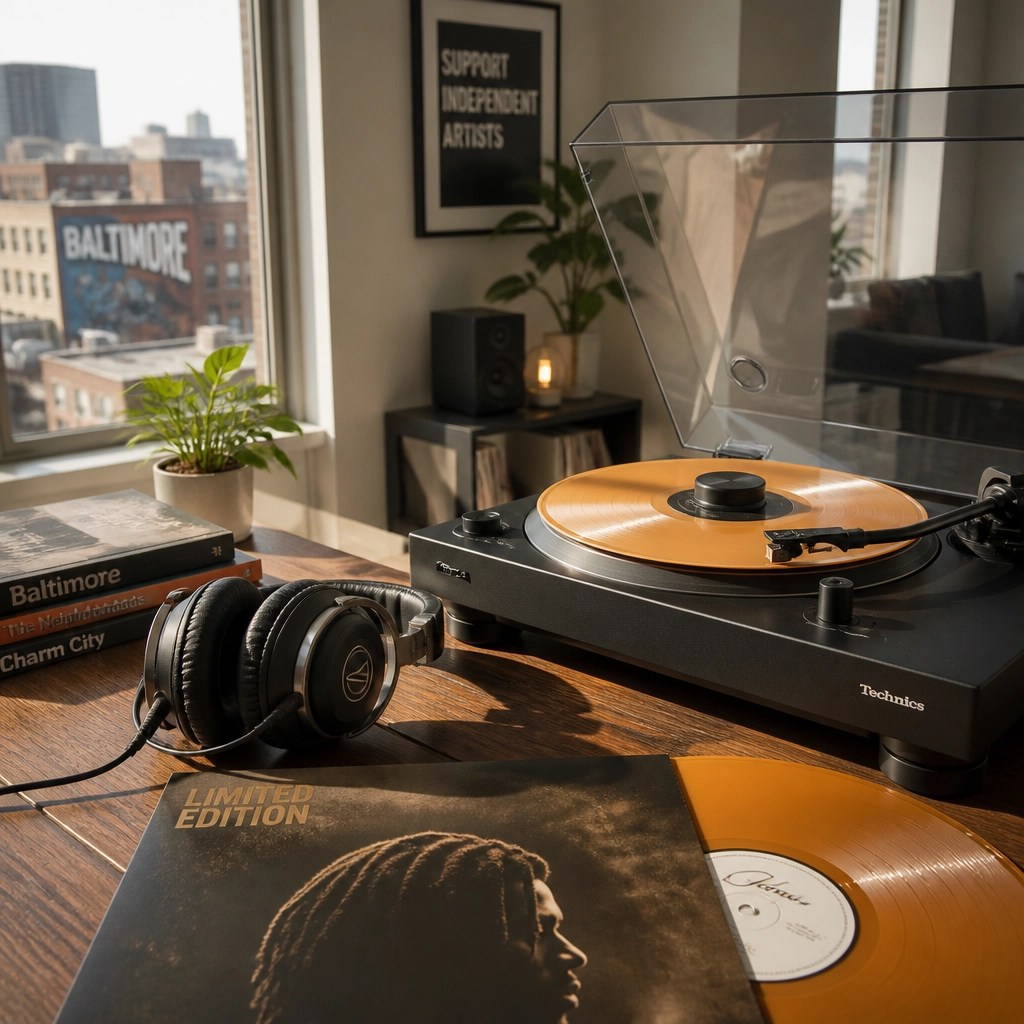 Aesthetic studio setup with a limited edition vinyl record and headphones