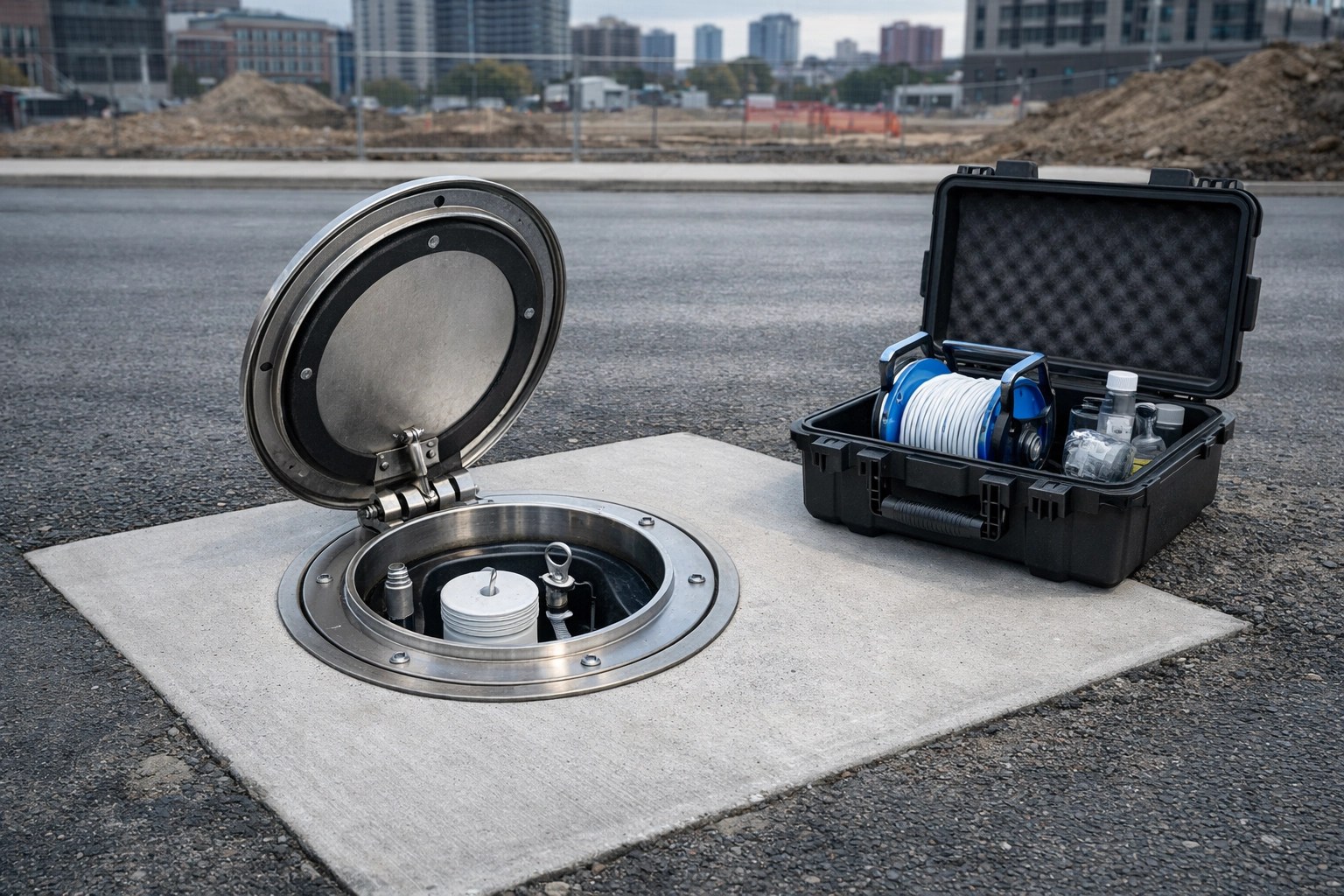 Flush-mount groundwater monitoring well installed in pavement at an urban redevelopment Phase II ESA site.