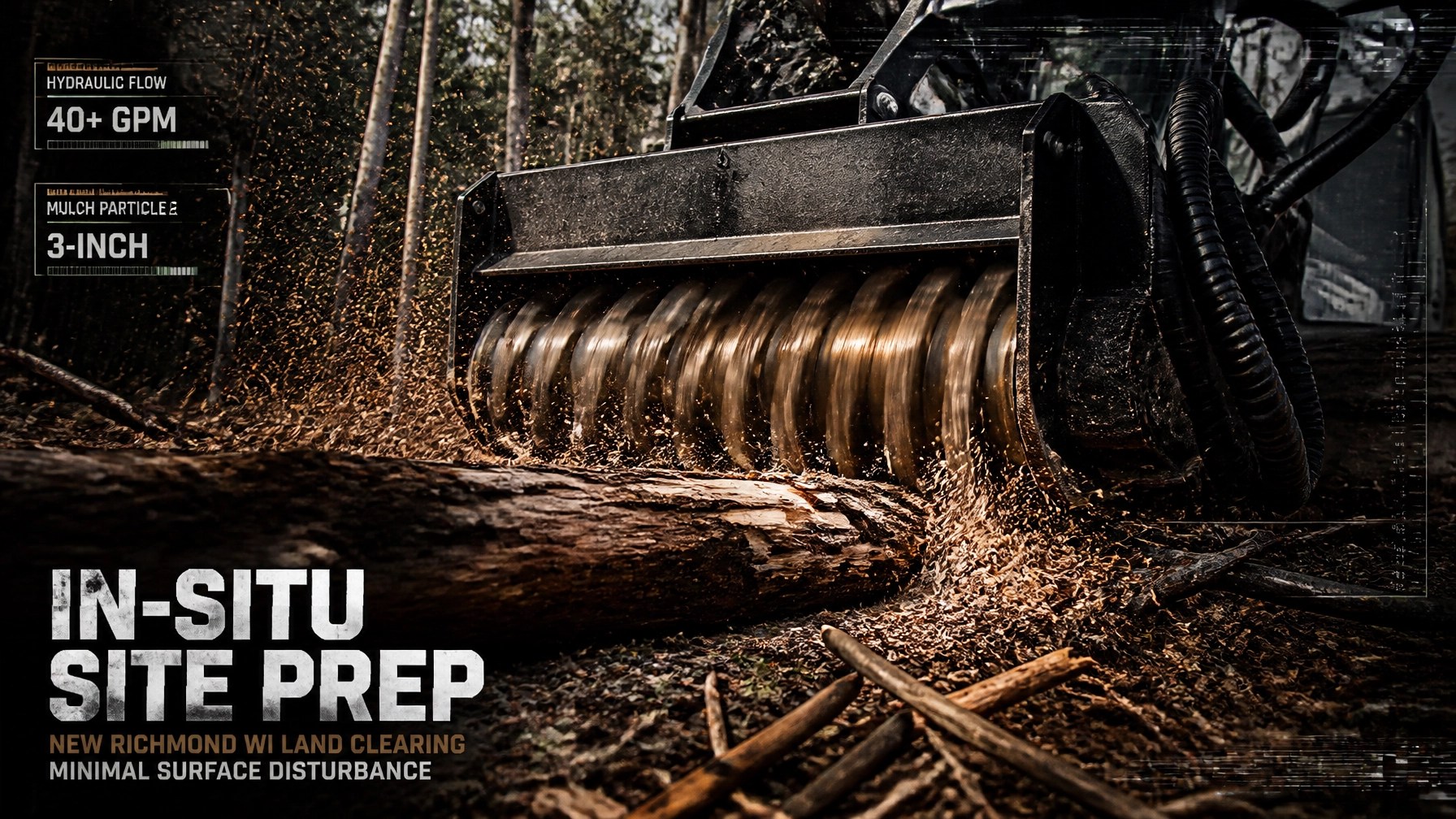 Massive industrial mulcher shredding a log in a Minnesota woodland. Violent wood chip spray. Beast perspective. ATR overlays indicating 40+ GPM hydraulic flow. Text: IN-SITU SITE PREP. New Richmond WI Land Clearing. Minimal surface disturbance.