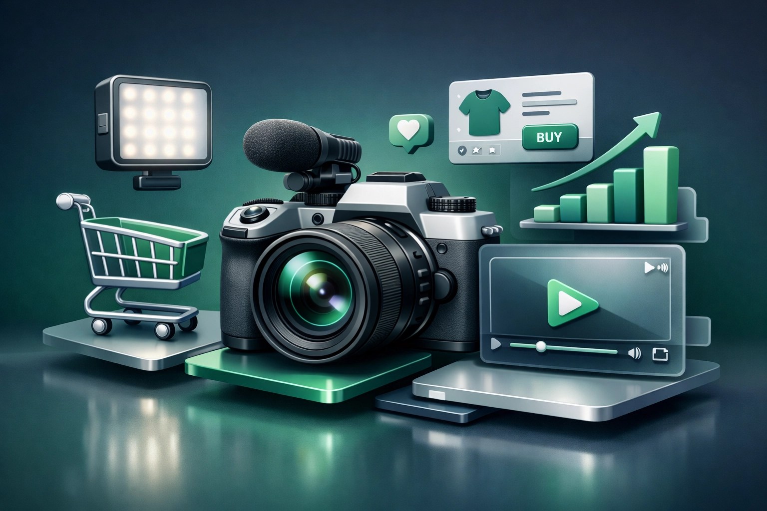 Professional camera with e-commerce elements illustrating digital storefront video production and brand growth.