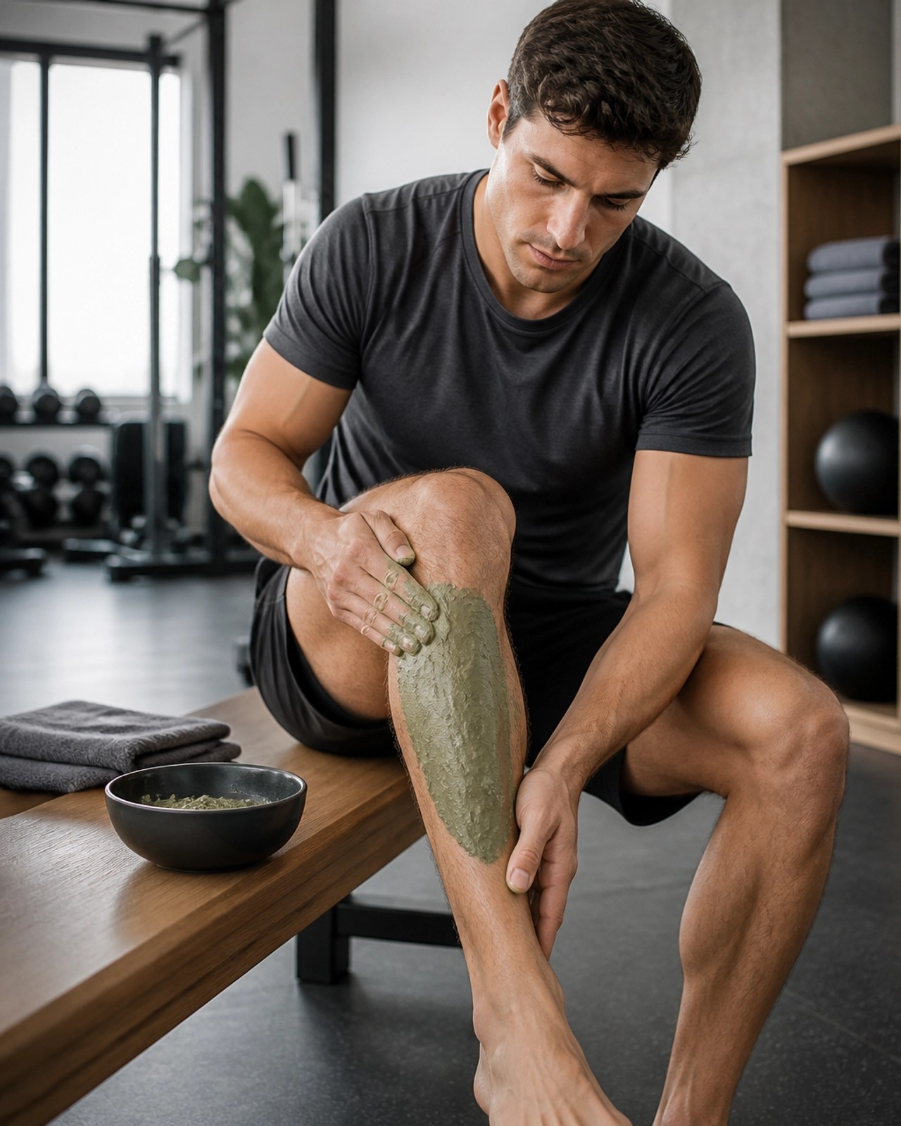 Athlete applying green clay to a sore muscle