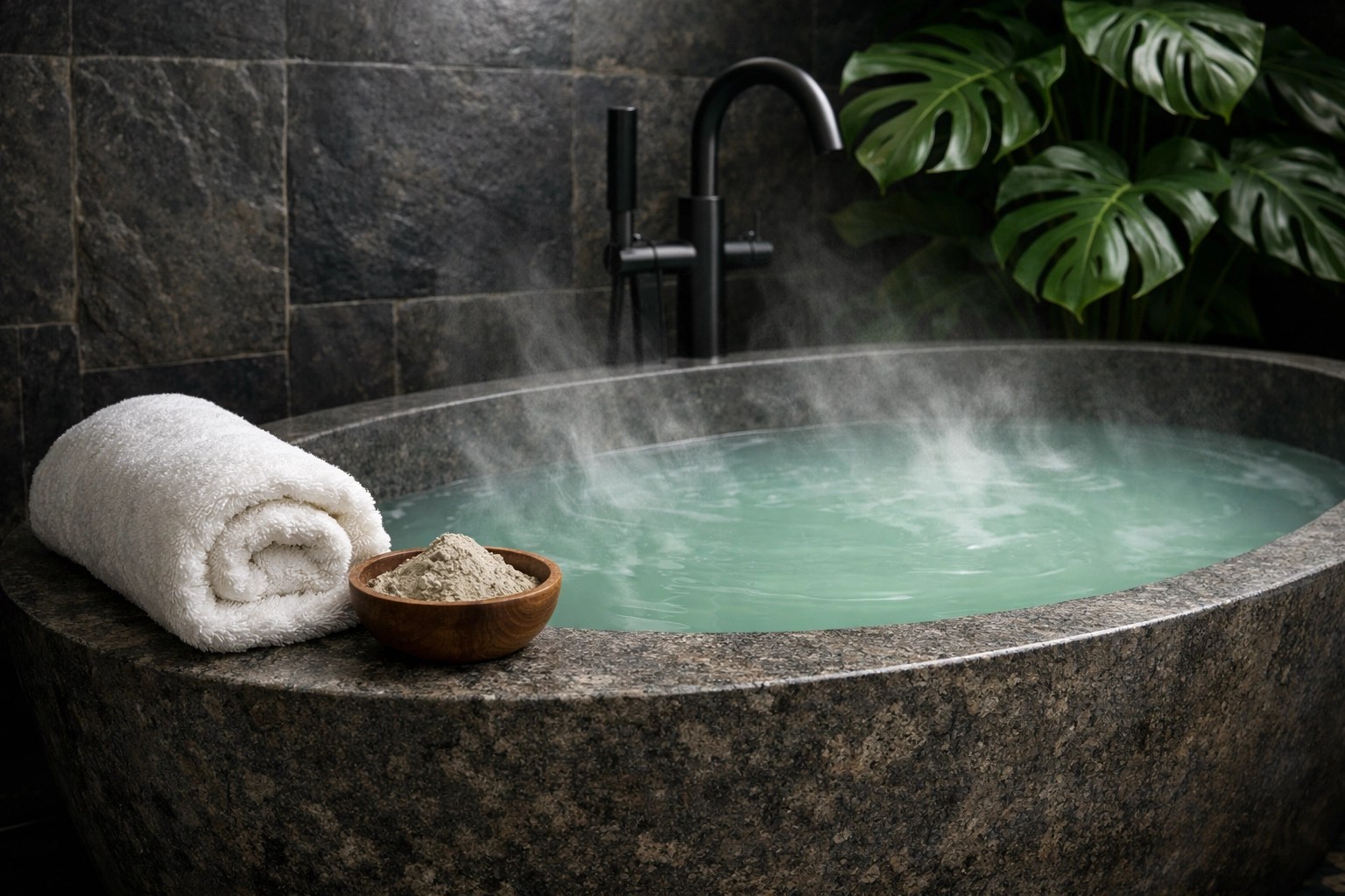 A warm, relaxing green clay detox bath in a modern tub with plush towels for an at-home spa experience.