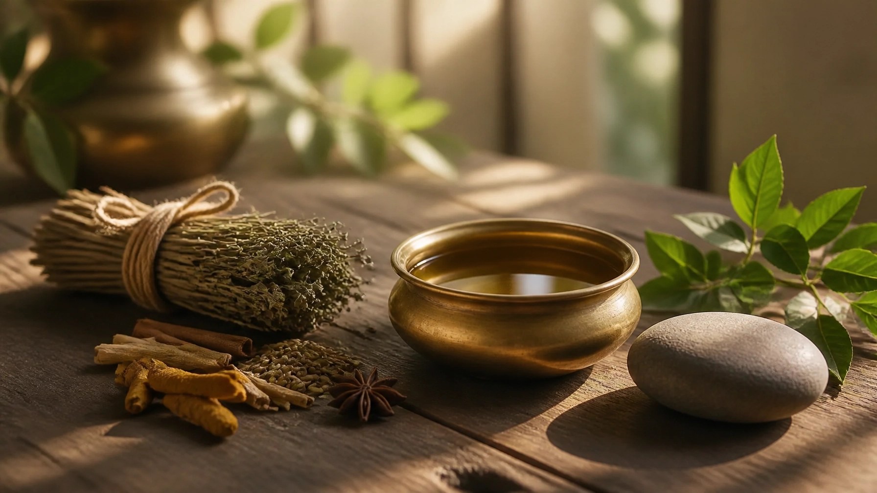 A serene and sophisticated still life composition featuring a traditional brass bowl filled with warm herbal oil, alongside a bundle of dried herbs and a smooth river stone.