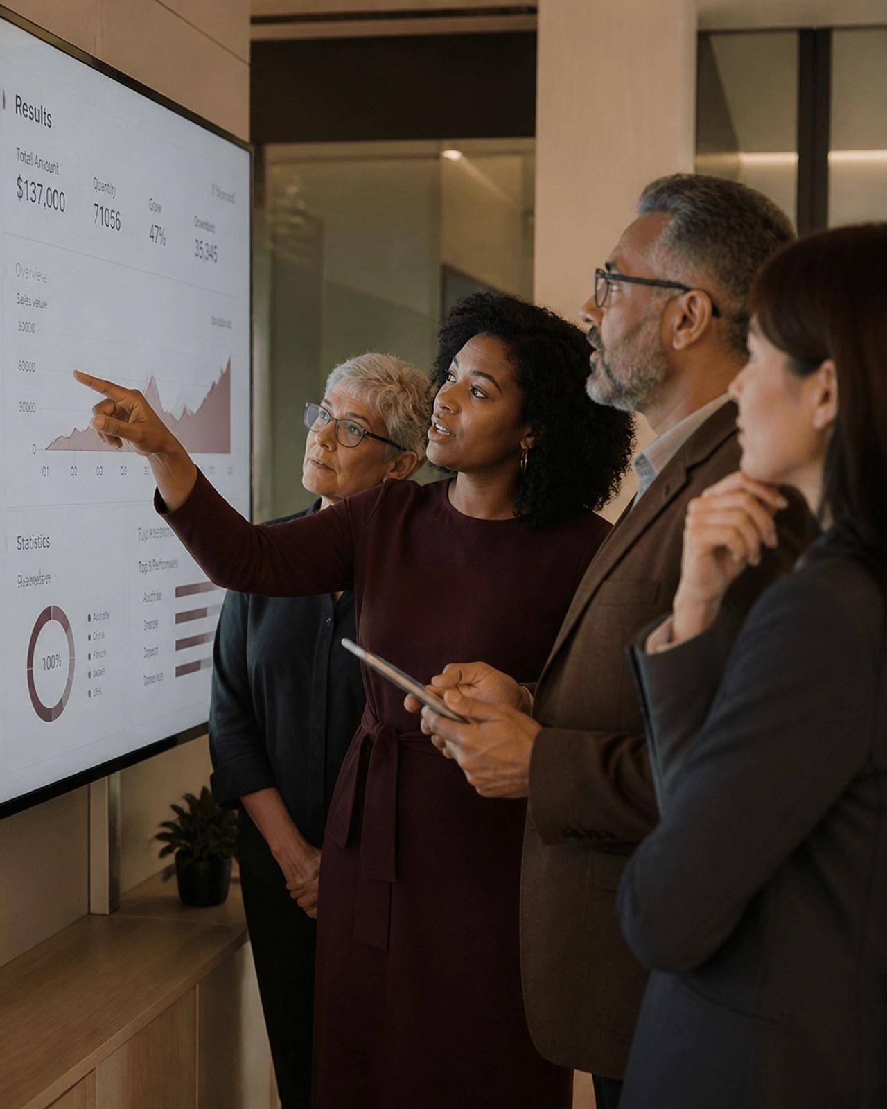 Collaborative business meeting showing a rising growth chart