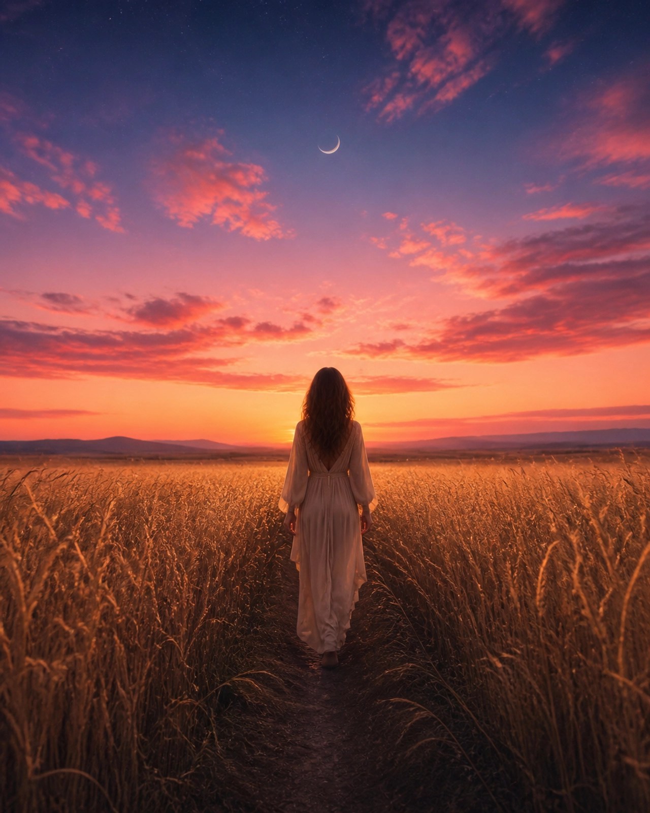 A woman walking through a field at sunset, feeling the freedom of returning to her true self.