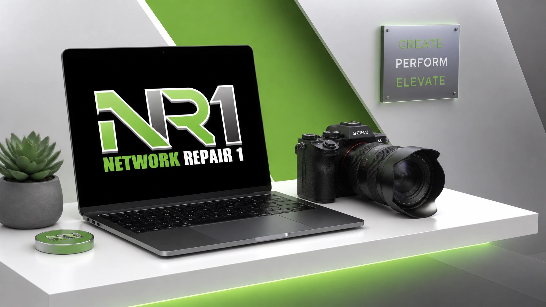 A clean, modern, and slightly 3D digital illustration of a sleek high-end creator laptop and a professional mirrorless camera on a minimalist floating desk.