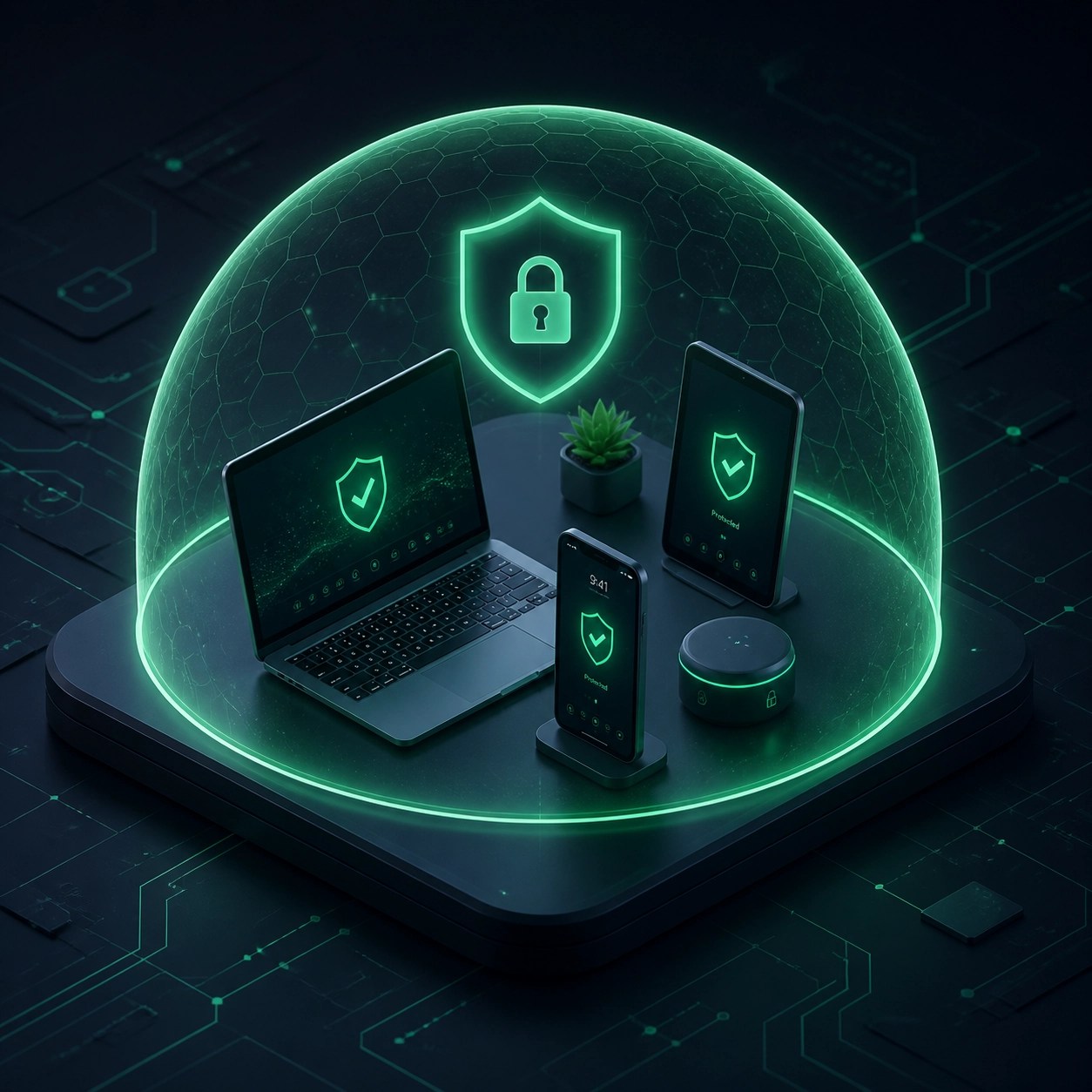 Digital security shield protecting a laptop and smartphone from common cybersecurity threats.