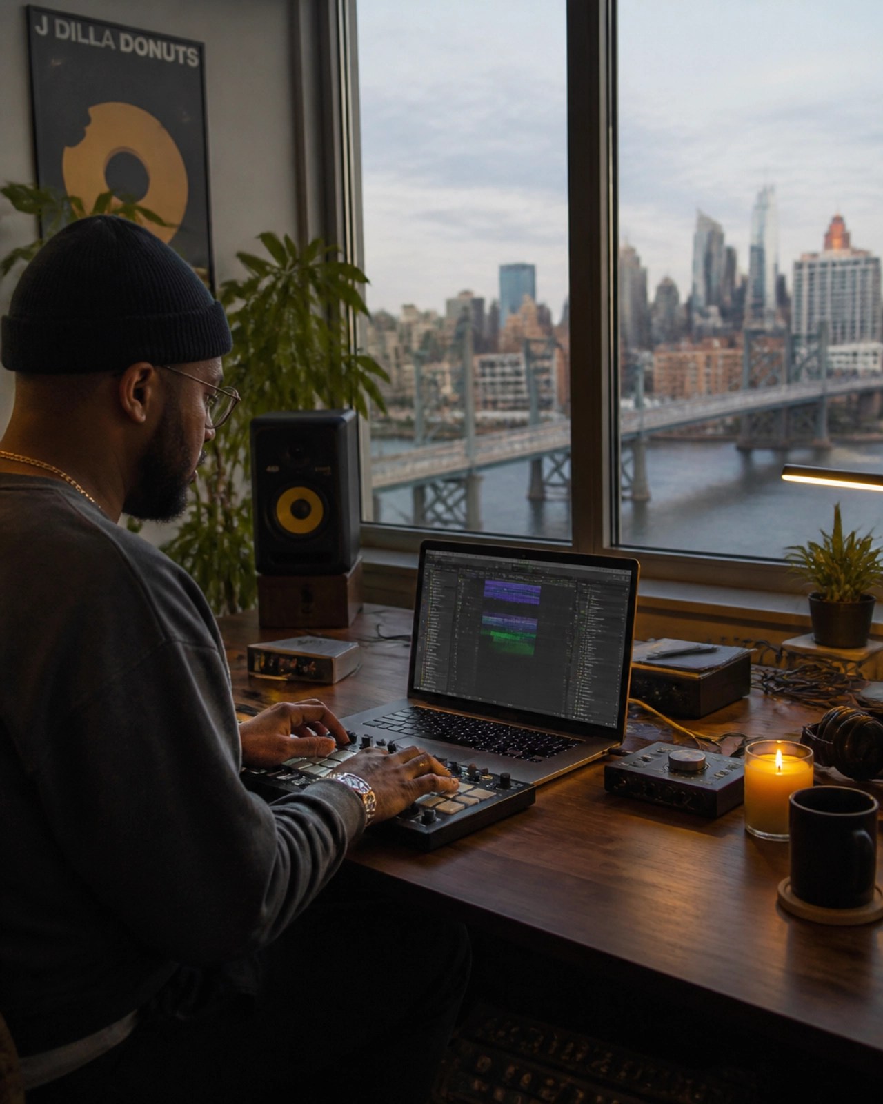 An independent artist working on music distribution in a modern city apartment