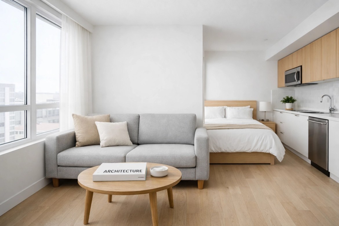 A perfectly organized and tidy small apartment living room highlighting a consistent cleaning routine.