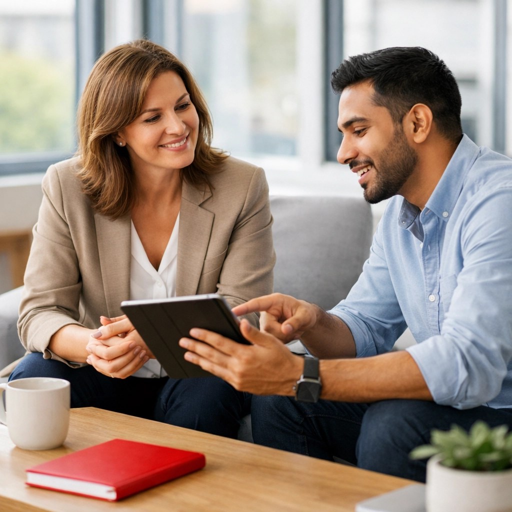 A professional manager and employee having a coaching conversation to improve team engagement strategies.