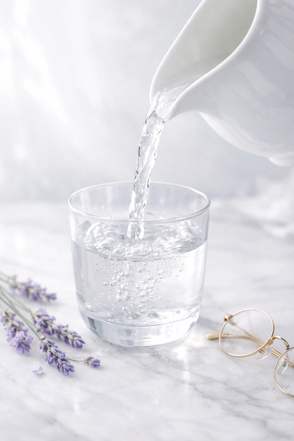 Refilling Your Cup when the World Drains You: Lessons from the Garden of Gethsemane 7 Refreshing water pouring into a glass with lavender, illustrating the concept of refilling your cup in Christ.