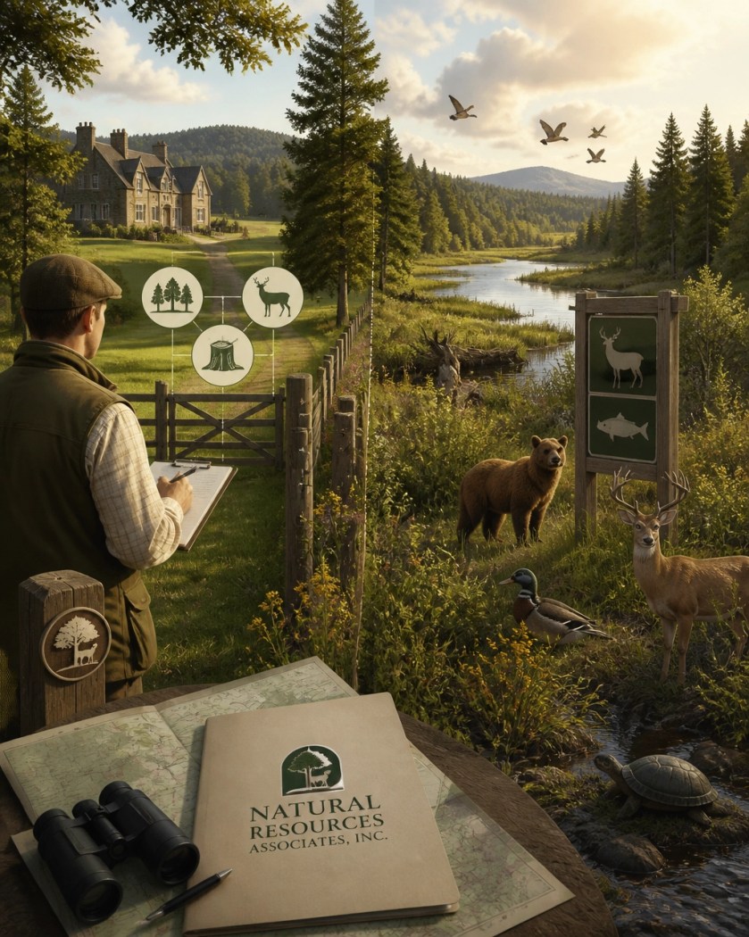 Editorial illustration comparing private European estate management with North American public-trust wildlife conservation