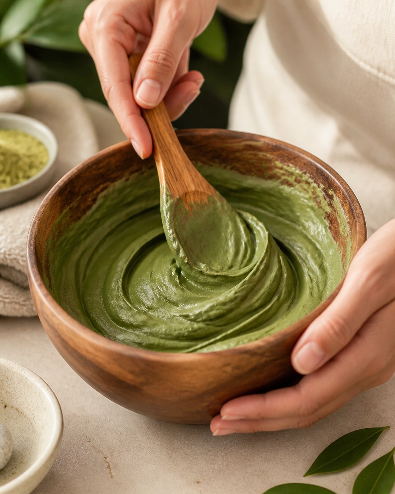 A close-up of a person's hands mixing a smooth, rich green clay paste in a wooden bowl