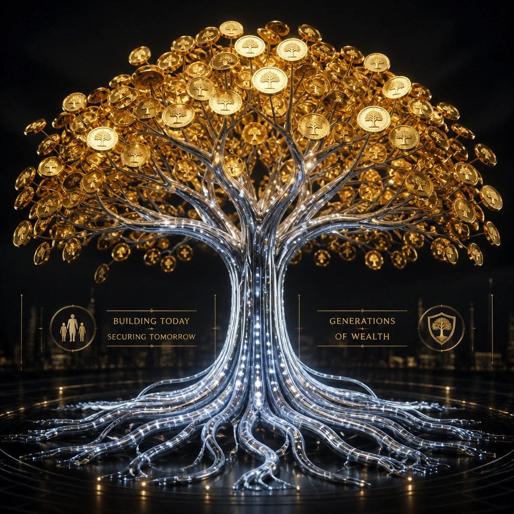 A futuristic metallic tree with data cable roots and gold coin leaves, representing generational wealth growth
