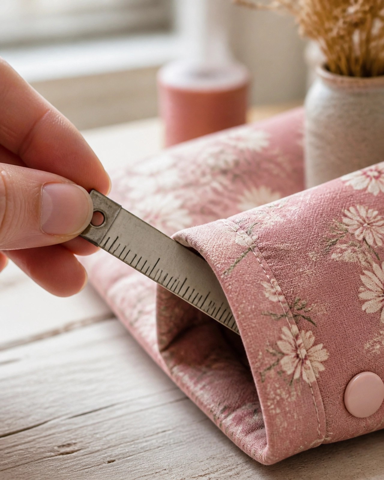 Inserting a metal measuring tape into a fabric casing