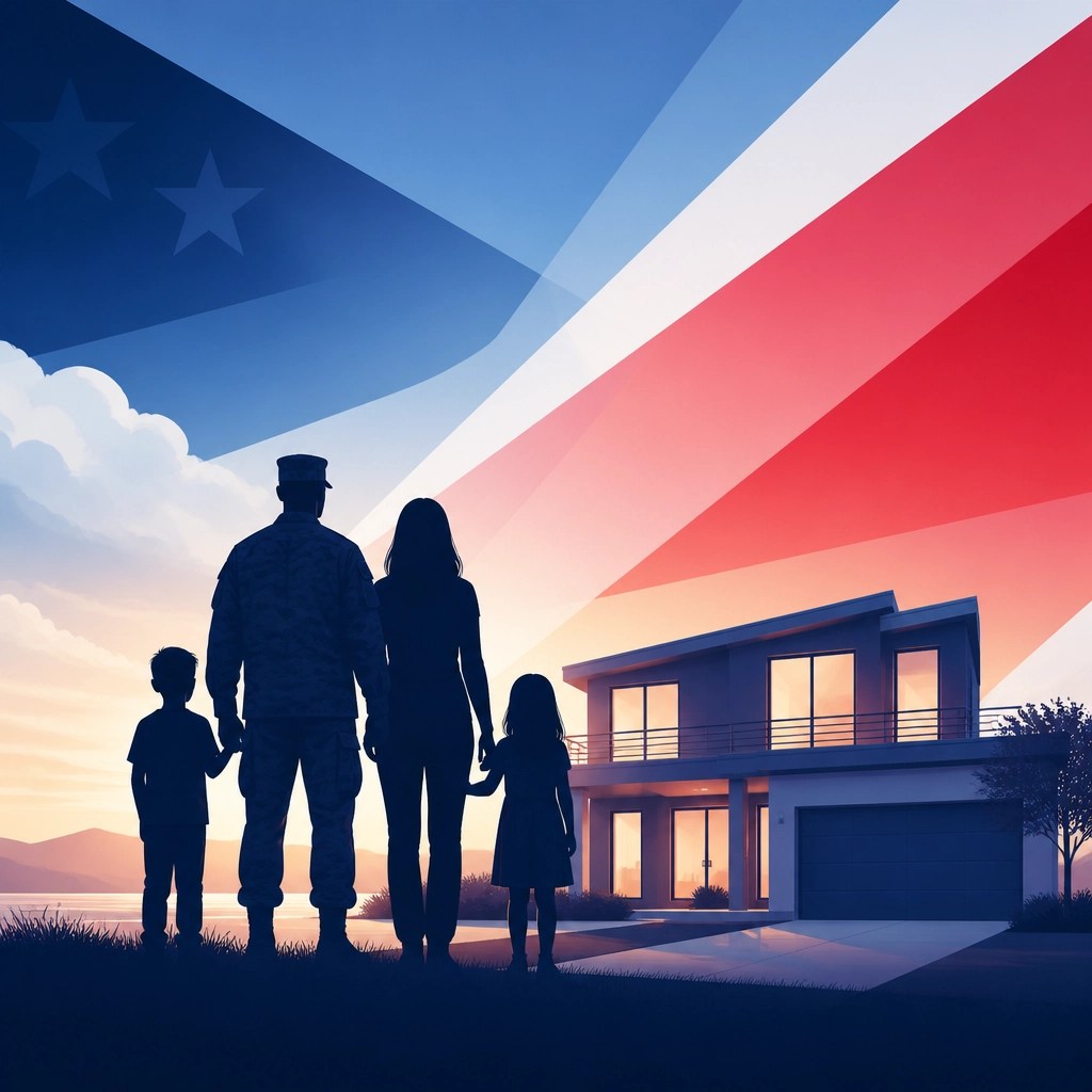 A minimalistic illustration of a military family standing in front of a modern home with soft red and blue gradients.