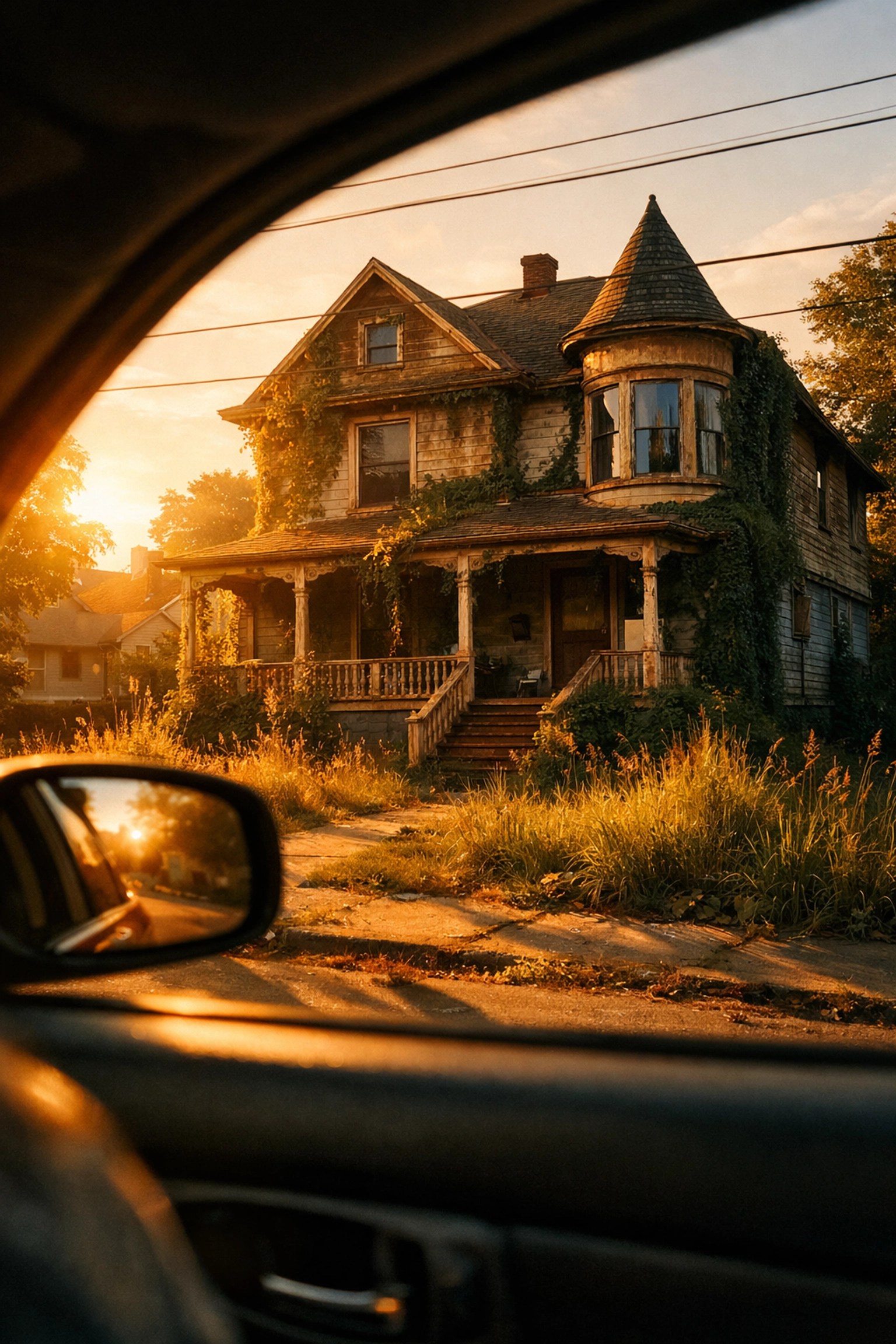 Neglected Victorian home seen from a car window while driving for dollars for off-market deals.