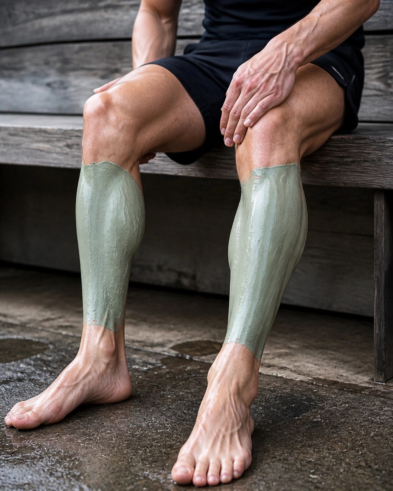 A close-up shot of an athlete with a thick layer of green clay applied to their calves.