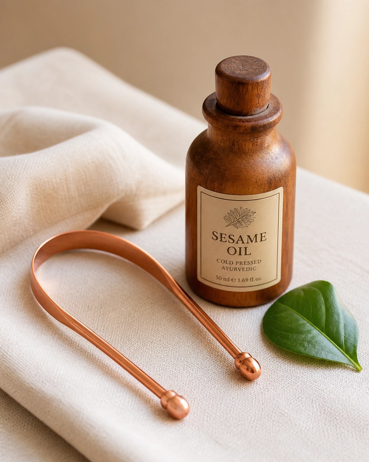 A detailed close-up of Ayurvedic morning ritual tools including a copper tongue scraper and sesame oil on linen.