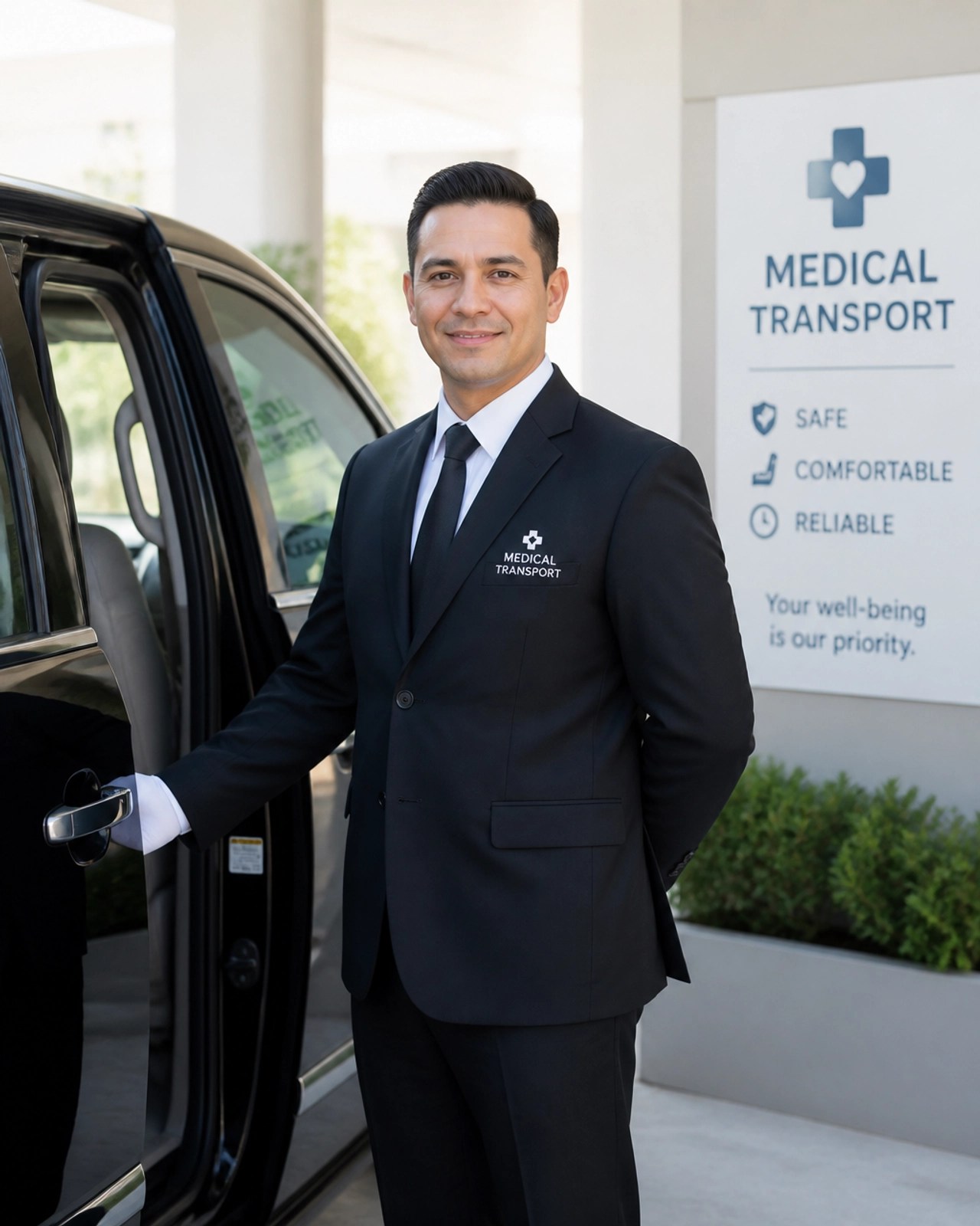 A professional chauffeur standing by an open vehicle door
