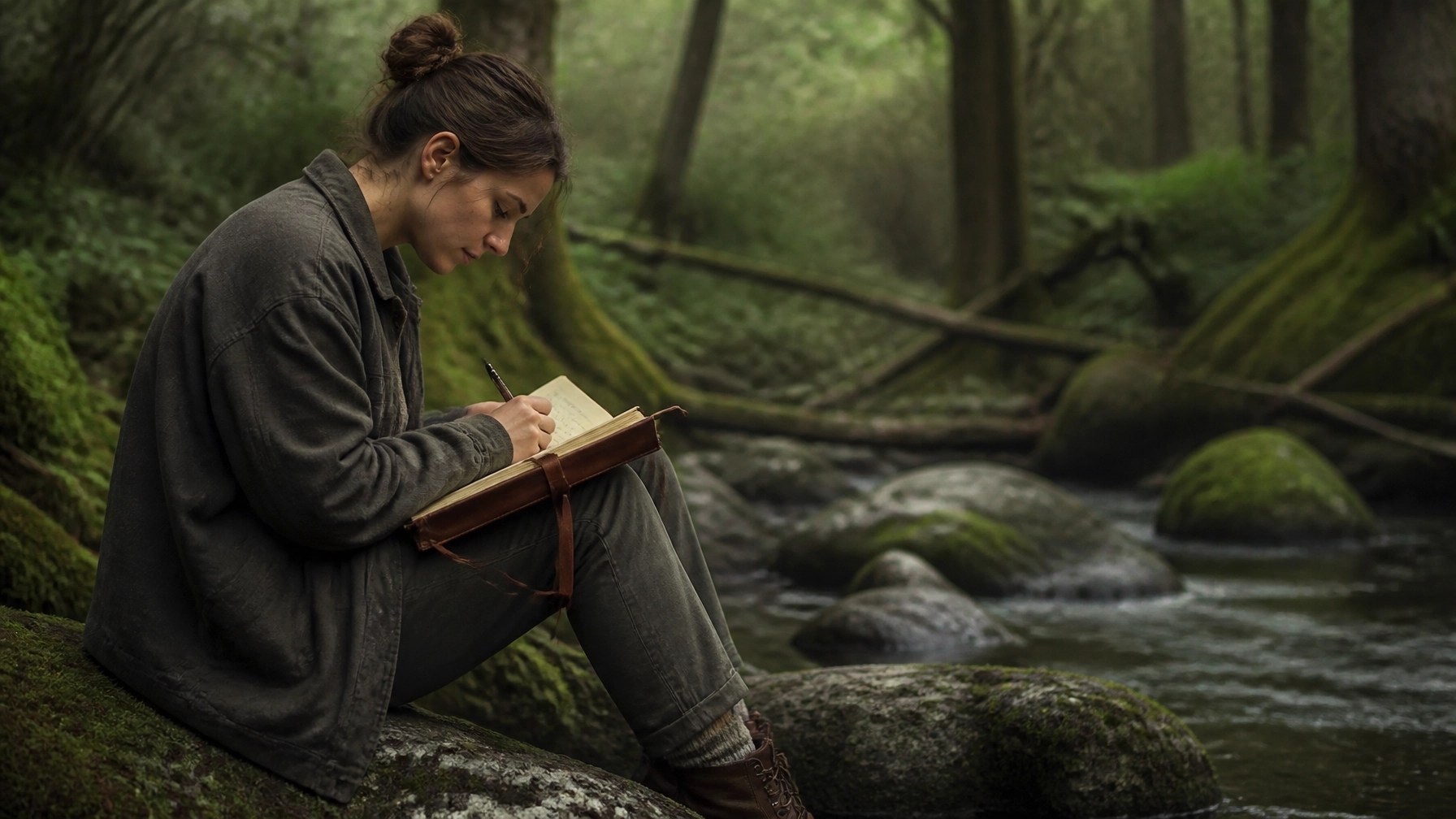 A person sitting on a mossy stone by a quiet stream, practicing mental hygiene through journaling.