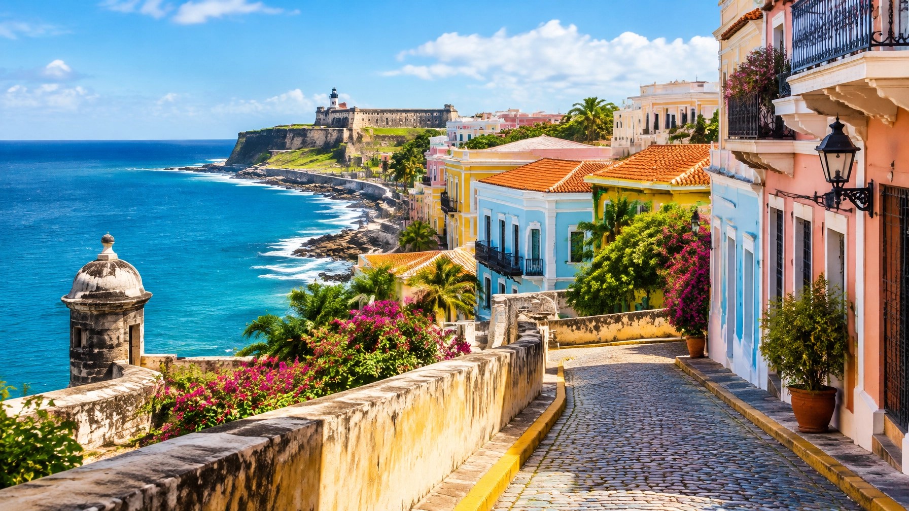 Old San Juan's colorful historic waterfront beside the deep blue Caribbean Sea