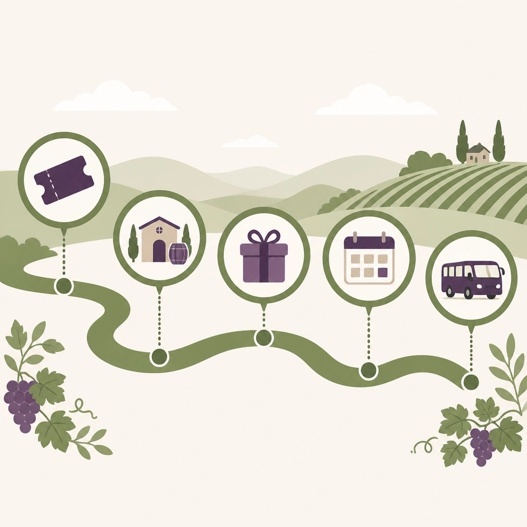A stylized 5-step roadmap for planning your vineyard voyage, featuring icons for tickets, wineries, perks, and transportation.