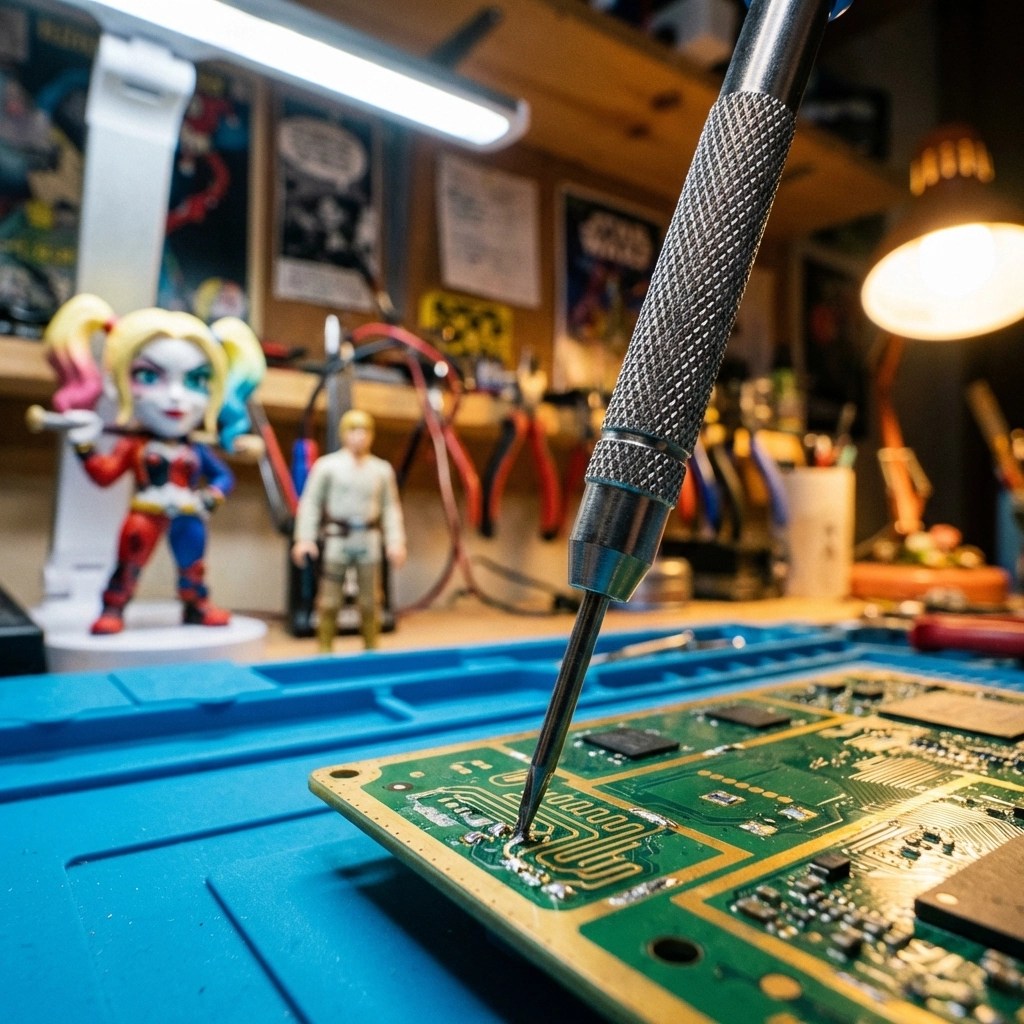Lethbridge electronics repair technician working on a motherboard near Star Wars and DC collectibles.
