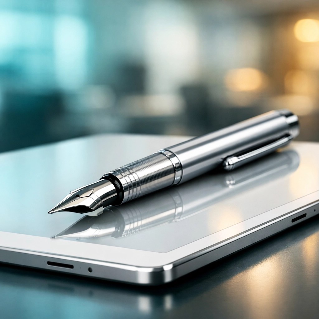 Silver pen on a digital tablet for accurate New Mexico campaign finance reporting and documentation.