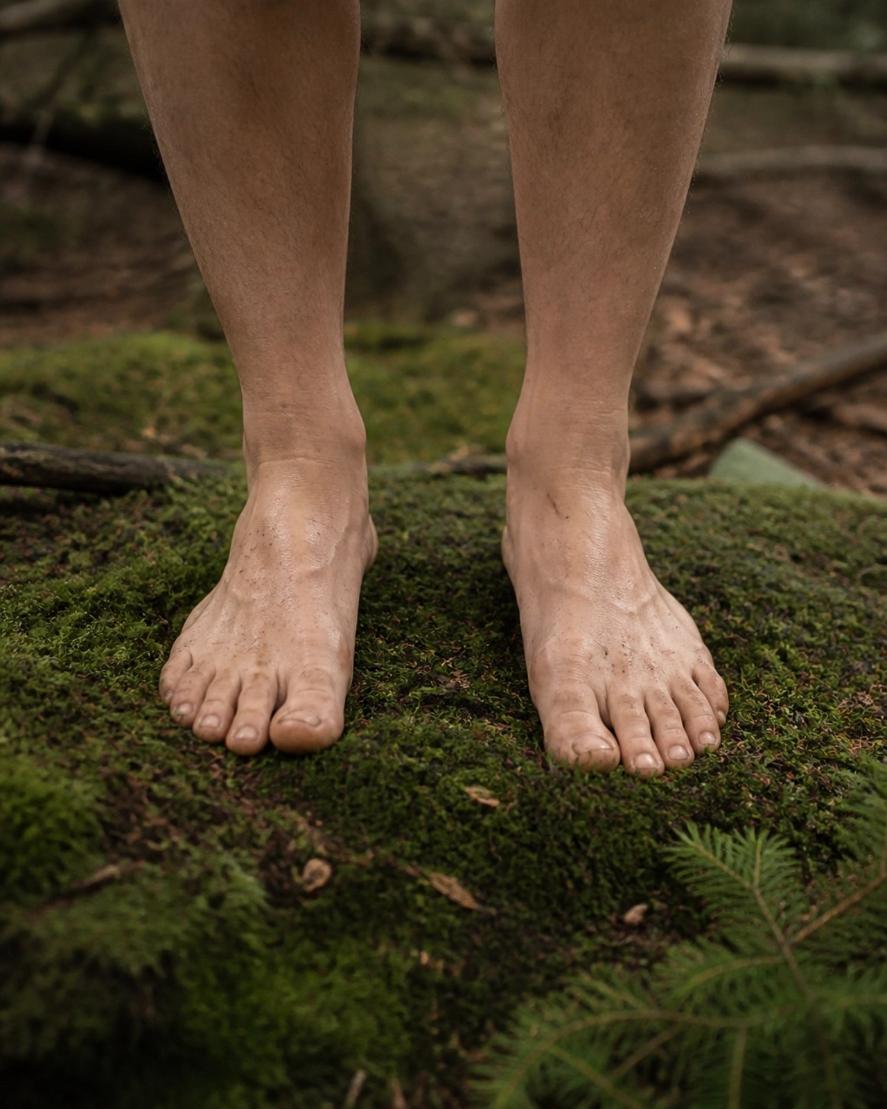 Bare feet planted firmly on soft moss and earth, a visual representation of anchoring oneself in the physical world.