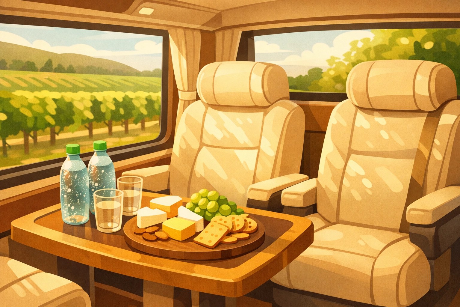 Comfortable wine tour van interior with water bottles and snacks for guests
