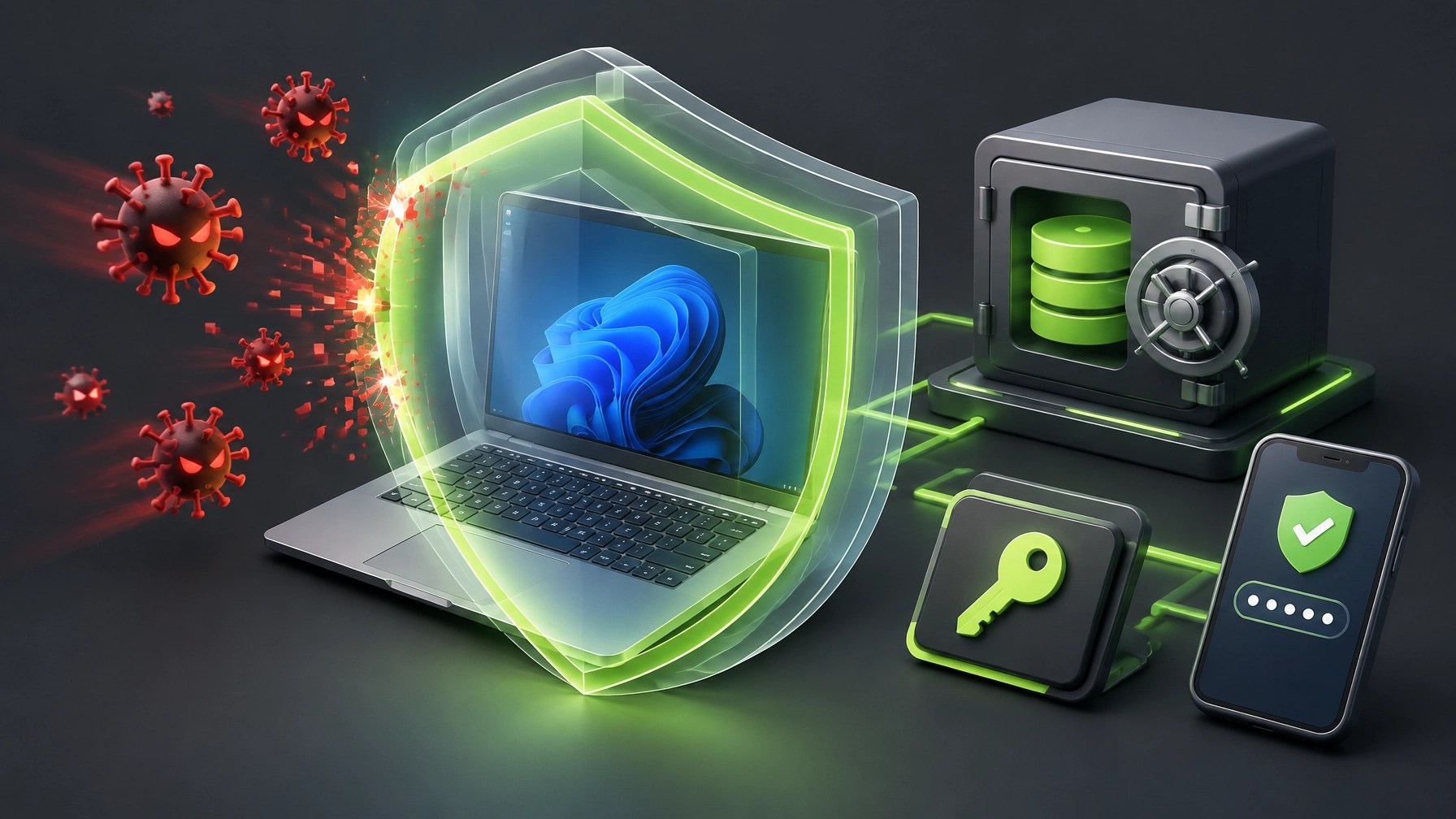 Layered endpoint protection blocking malware and ransomware threats on a business laptop