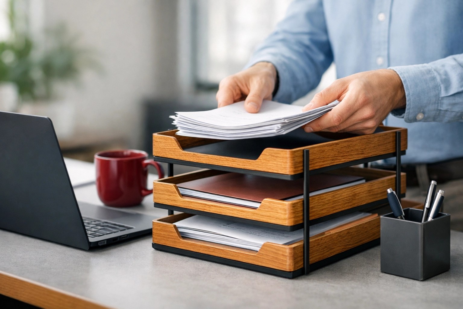 Hands organizing a cluttered workspace to demonstrate streamlined small business operations and management focus.