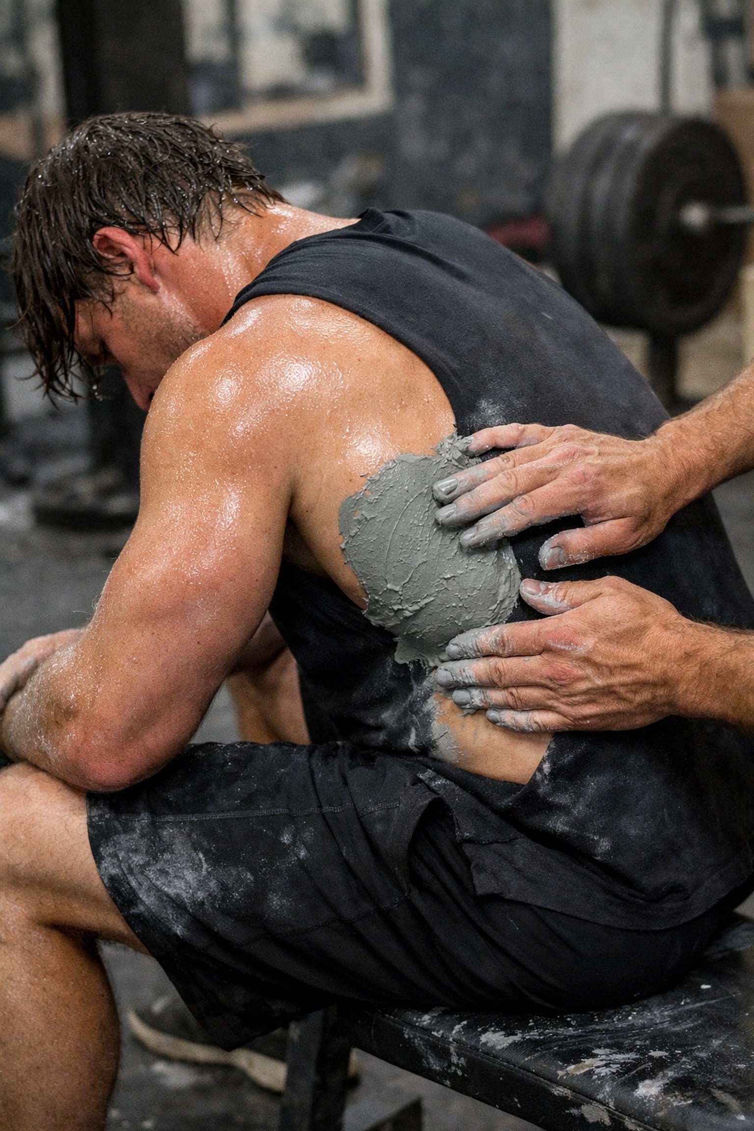 Athlete receiving natural recovery treatment for muscle inflammation after a back workout.