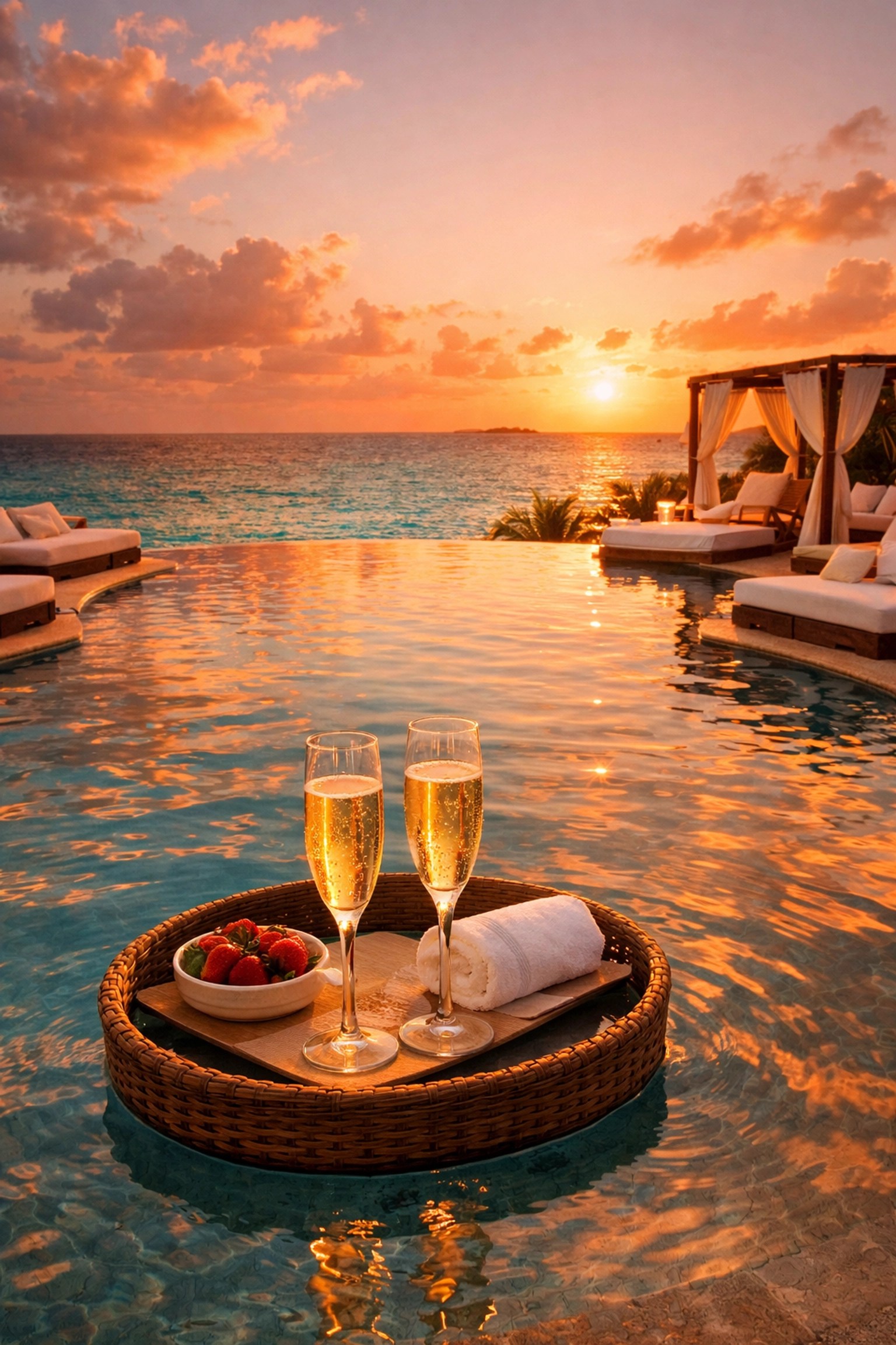 Luxury adults-only resort infinity pool overlooking Caribbean ocean at romantic sunset