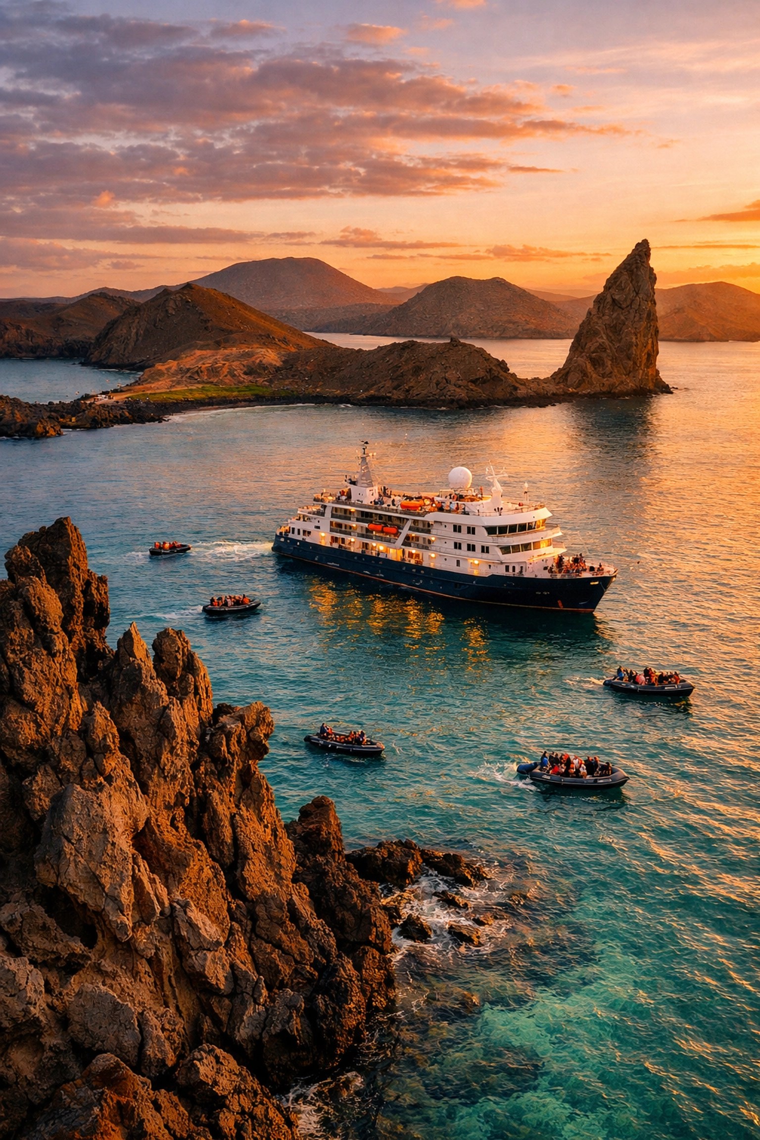 Small expedition cruise ship with Zodiac boats in Galápagos turquoise waters