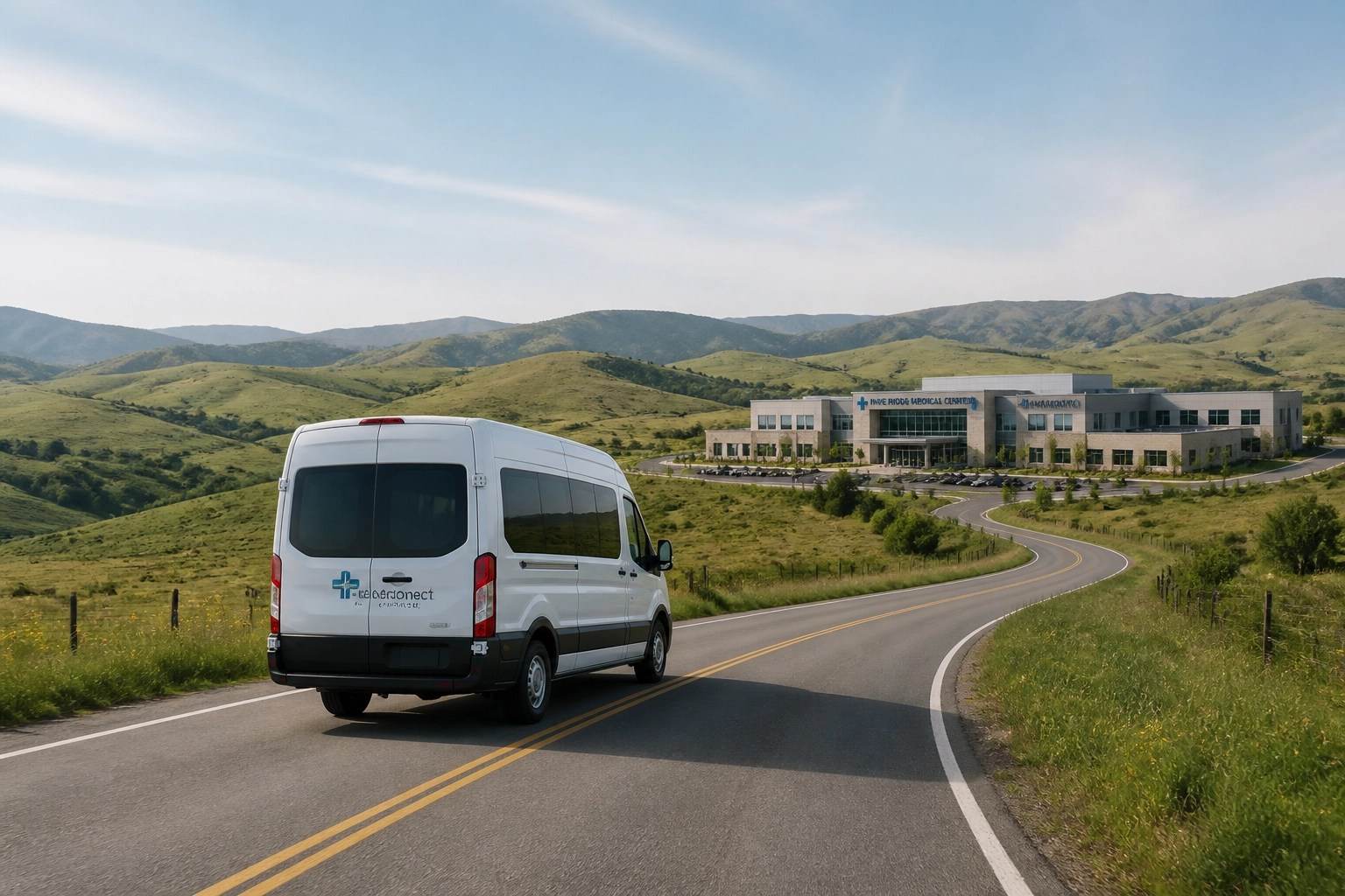 A reliable medical transport van driving through a rural area to provide healthcare access.