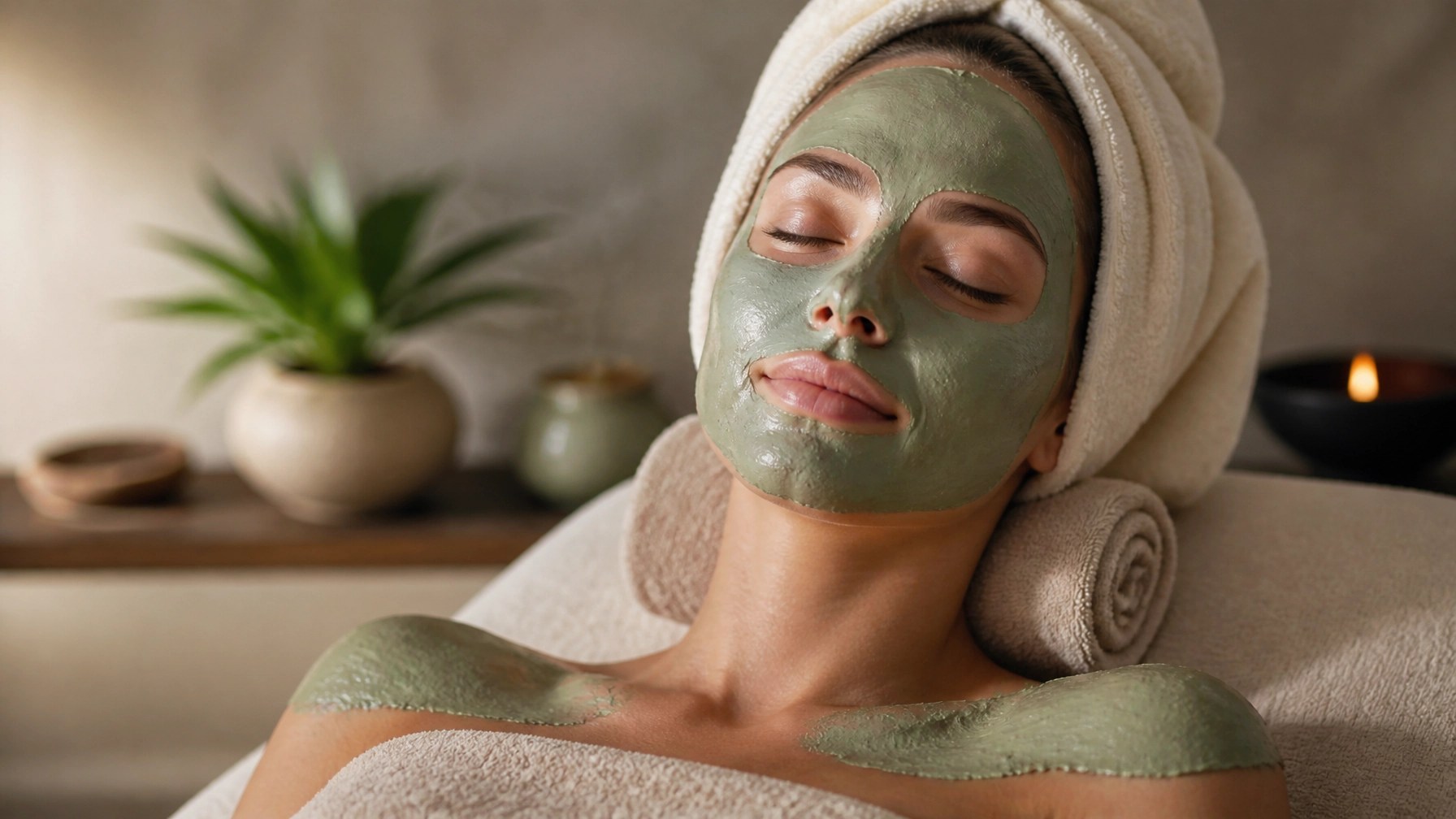 A person relaxing with a green clay mask in a serene environment