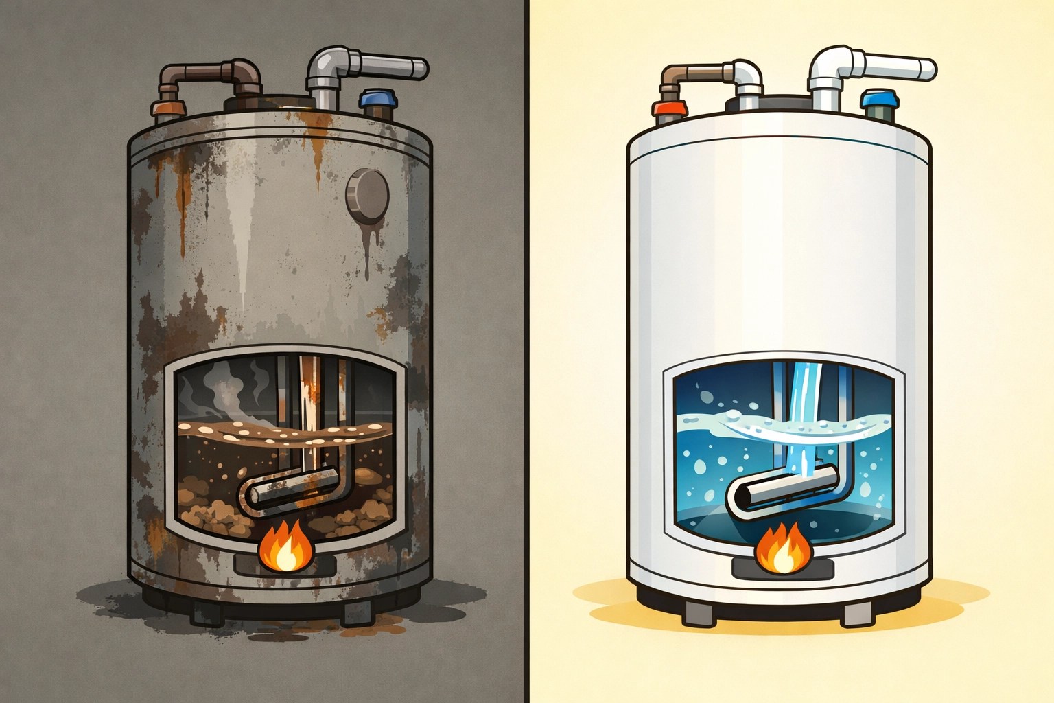 Side-by-side comparison of neglected versus well-maintained water heater condition