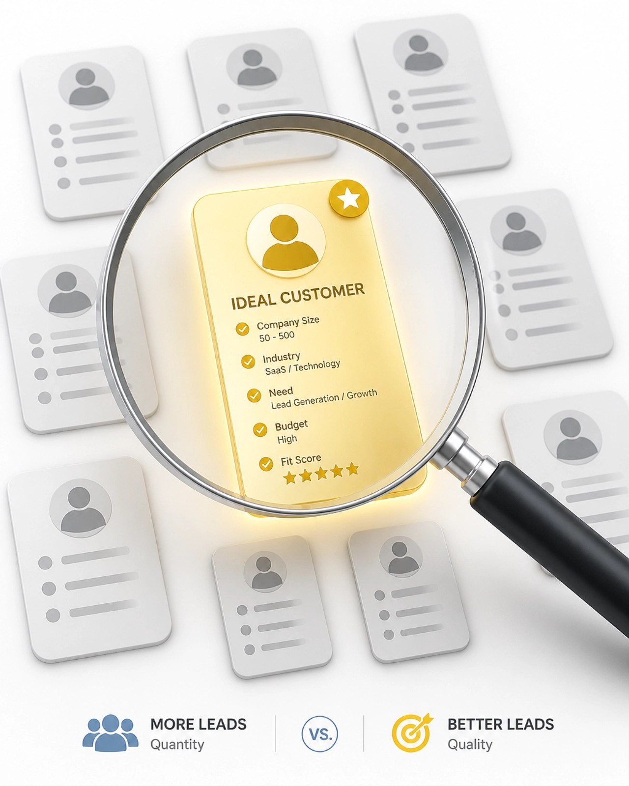 Magnifying glass focusing on a specific golden customer profile, illustrating high-quality targeting