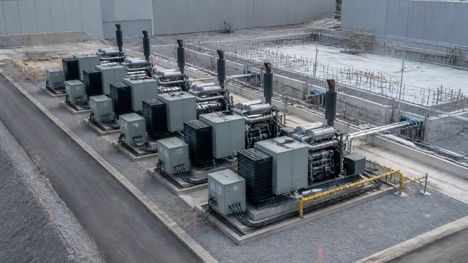 Rows of large natural gas generator sets beside a data center construction pad
